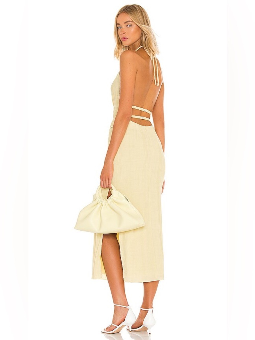 L'ACADEMIE Gabriela Dress in Ecru Halter Top Open Back Midi Dress Size S